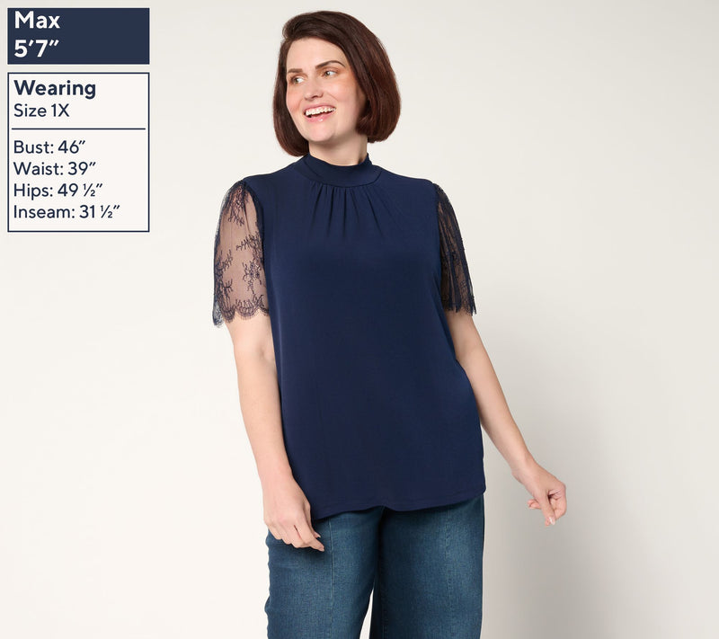 Susan Graver Occasions Liquid Knit Mock Neck Top w/ Lace Sleeves — View 2