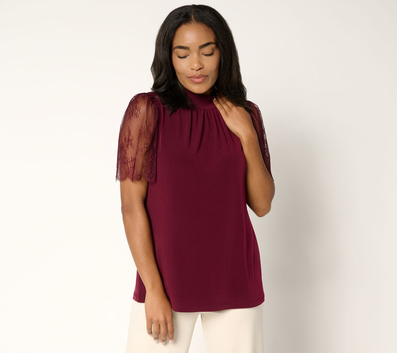 Susan Graver Occasions Liquid Knit Mock Neck Top w/ Lace Sleeves — View 12