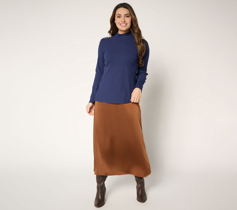 Susan Graver Rib Knit Mock Neck Top with Buckle Detail — View 5