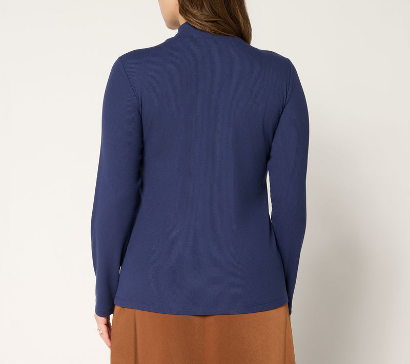 Susan Graver Rib Knit Mock Neck Top with Buckle Detail — View 4