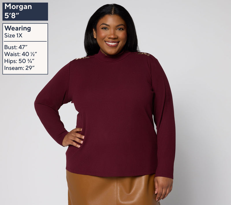 Susan Graver Rib Knit Mock Neck Top with Buckle Detail — View 2