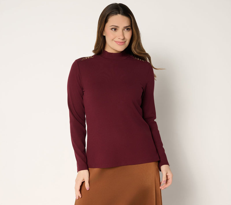 Susan Graver Rib Knit Mock Neck Top with Buckle Detail — View 14
