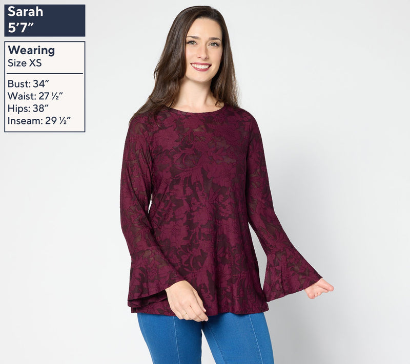 Susan Graver Burnout Knit Top with Flounce Sleeves — View 3
