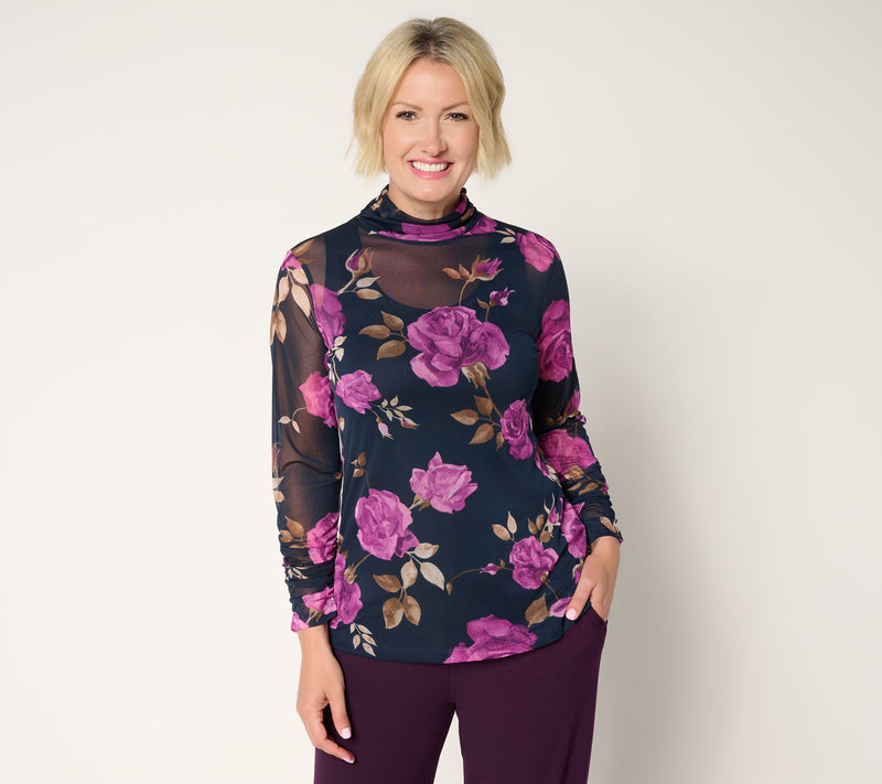 Susan Graver Printed Mesh Ruched Mock Neck Top with Tank — View 11