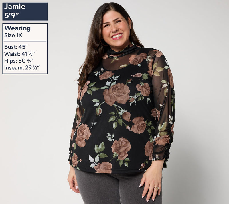 Susan Graver Printed Mesh Ruched Mock Neck Top with Tank — View 2