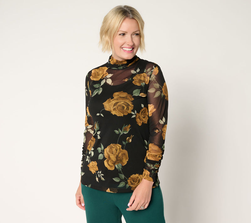 Susan Graver Printed Mesh Ruched Mock Neck Top with Tank — View 12