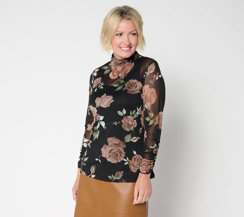 Susan Graver Printed Mesh Ruched Mock Neck Top with Tank — View 14