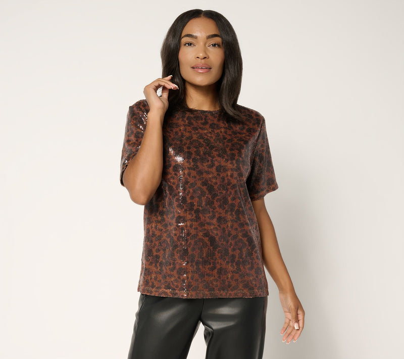 Susan Graver Occasions Printed Sequin Short-Sleeve Top — View 11