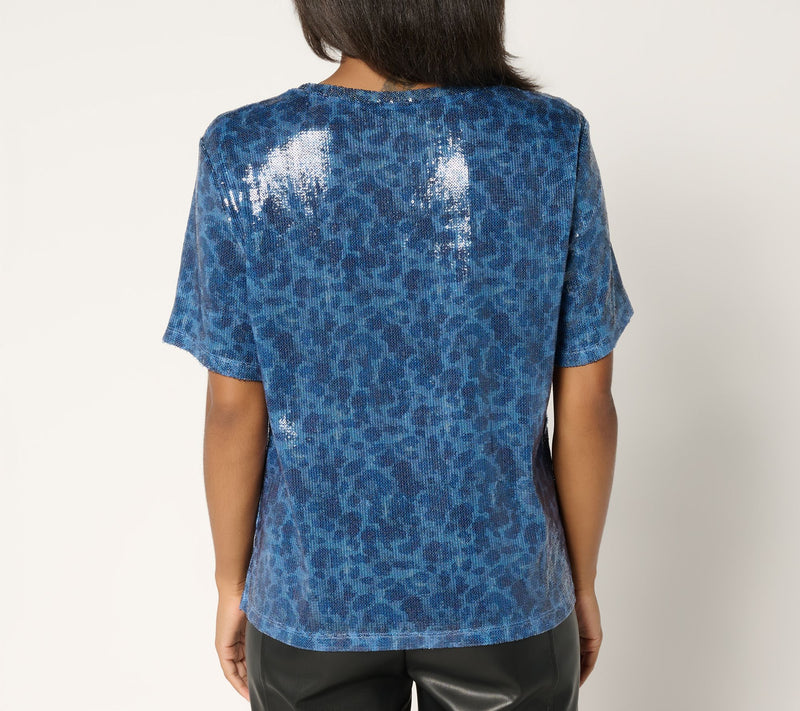 Susan Graver Occasions Printed Sequin Short-Sleeve Top — View 4