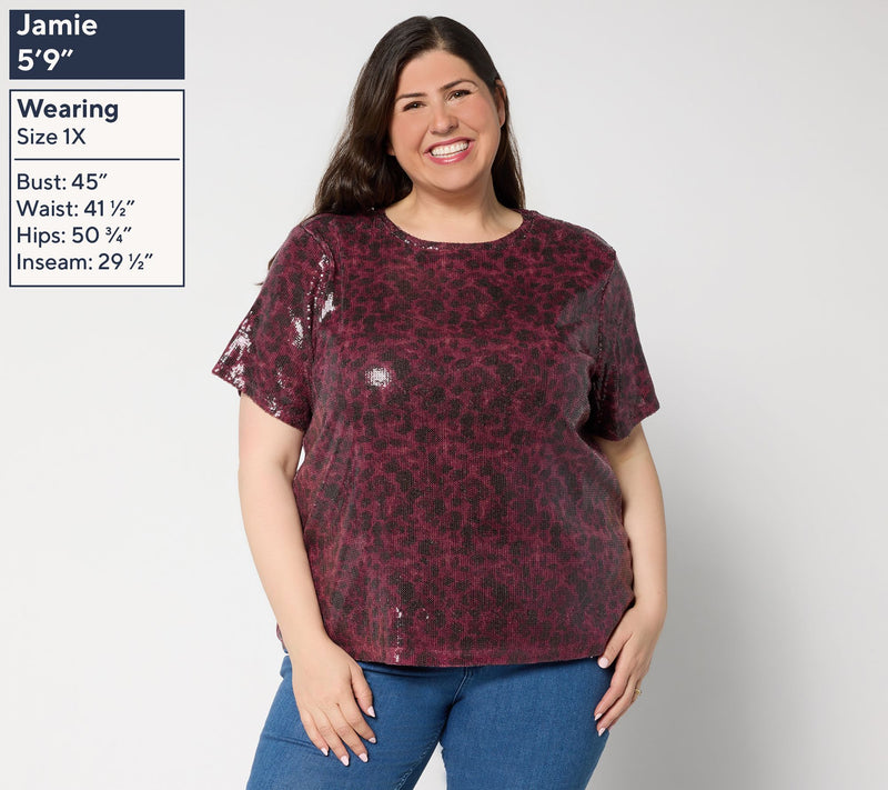 Susan Graver Occasions Printed Sequin Short-Sleeve Top — View 2