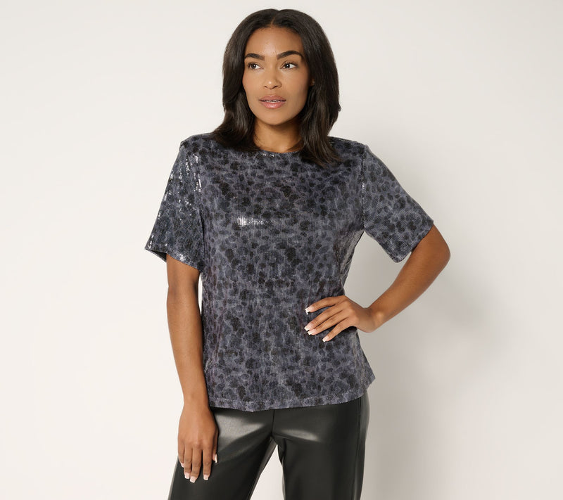 Susan Graver Occasions Printed Sequin Short-Sleeve Top — View 13