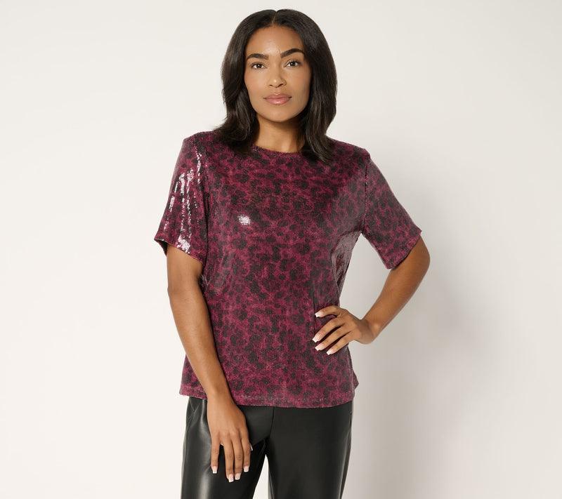Susan Graver Occasions Printed Sequin Short-Sleeve Top — View 14
