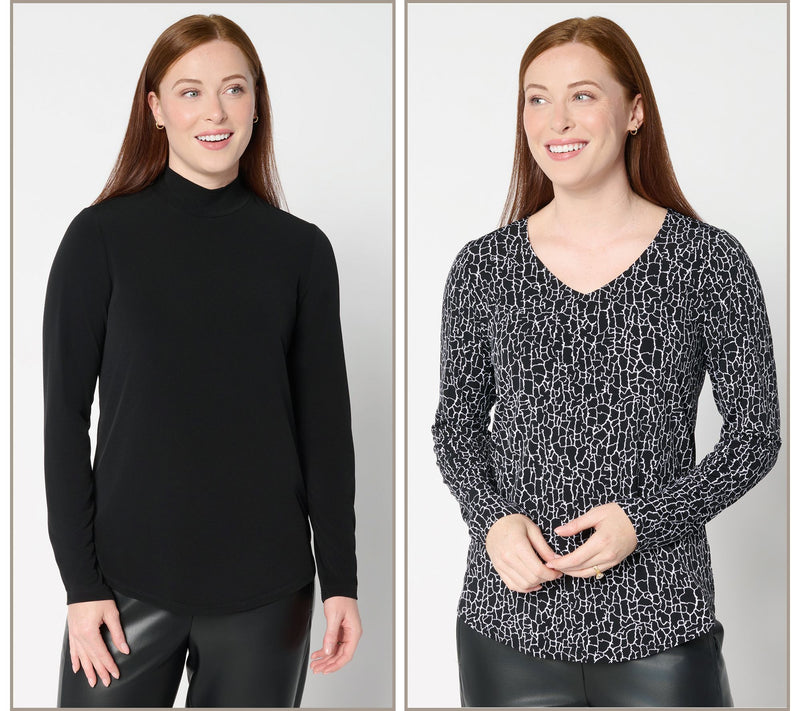 Susan Graver Set of 2 Print and Solid Liquid Knit Tops — View 12