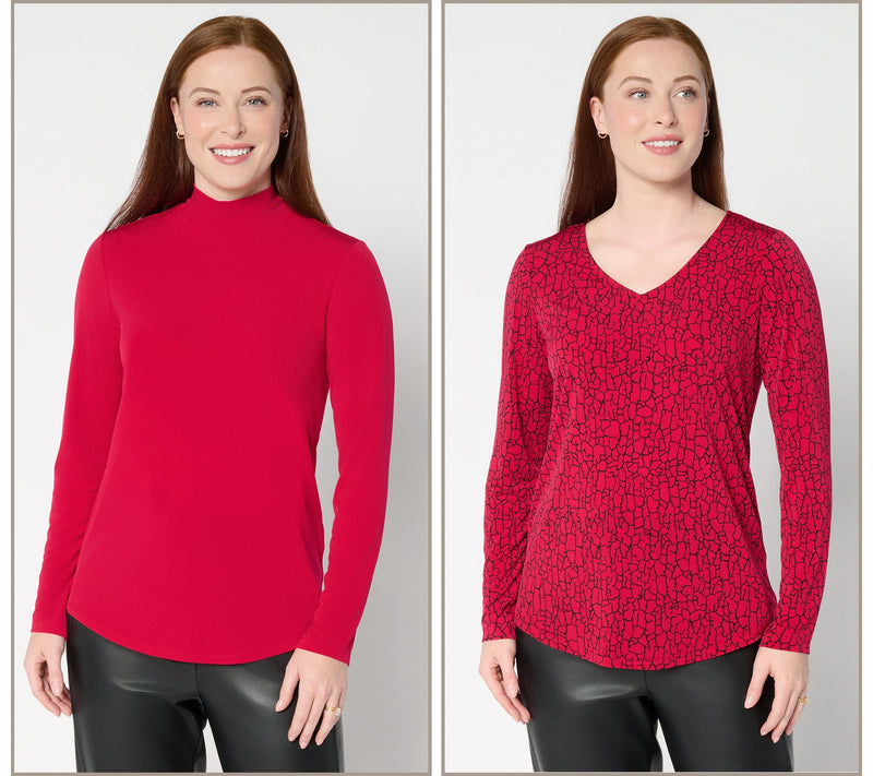 Susan Graver Set of 2 Print and Solid Liquid Knit Tops — View 14