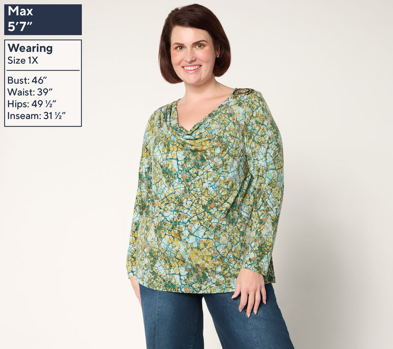 Susan Graver Printed Liquid Knit Cowl-Neck Long-Sleeve Top w/ Buckle Trim — View 2
