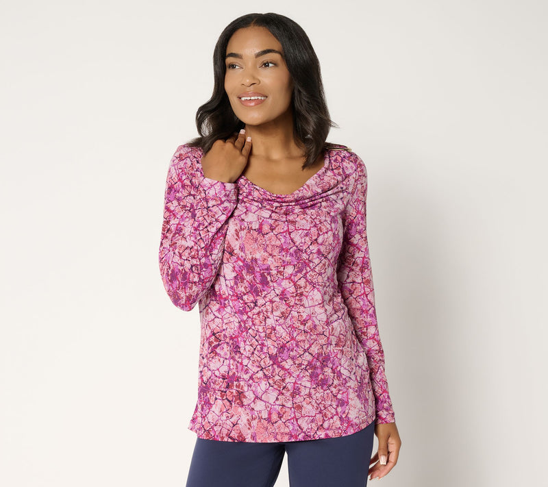 Susan Graver Printed Liquid Knit Cowl-Neck Long-Sleeve Top w/ Buckle Trim — View 12