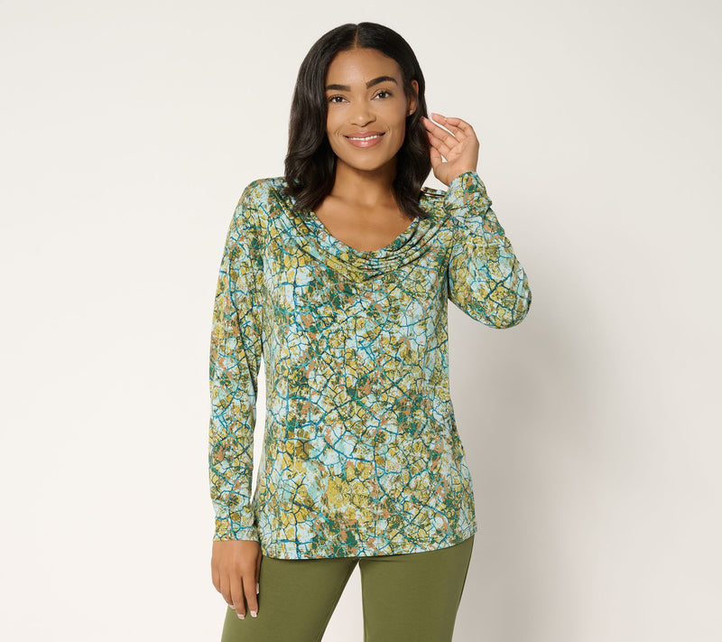 Susan Graver Printed Liquid Knit Cowl-Neck Long-Sleeve Top w/ Buckle Trim — View 14