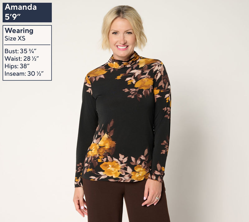 Susan Graver Printed Liquid Knit Mock-Neck Ruched Long Sleeve Top — View 3