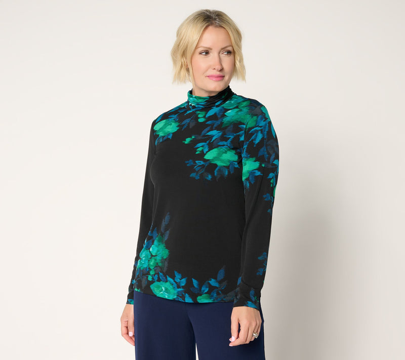 Susan Graver Printed Liquid Knit Mock-Neck Ruched Long Sleeve Top — View 11