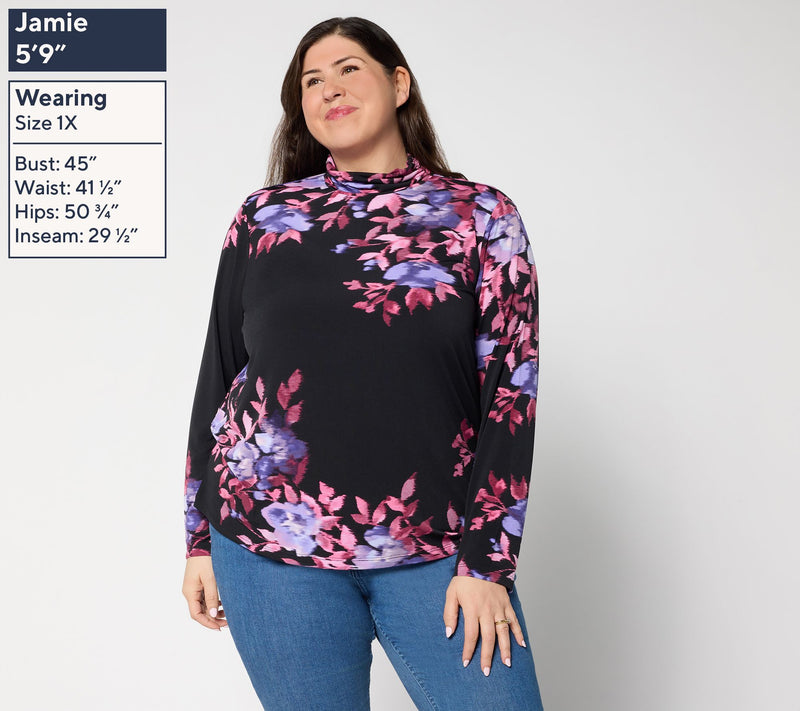 Susan Graver Printed Liquid Knit Mock-Neck Ruched Long Sleeve Top — View 2