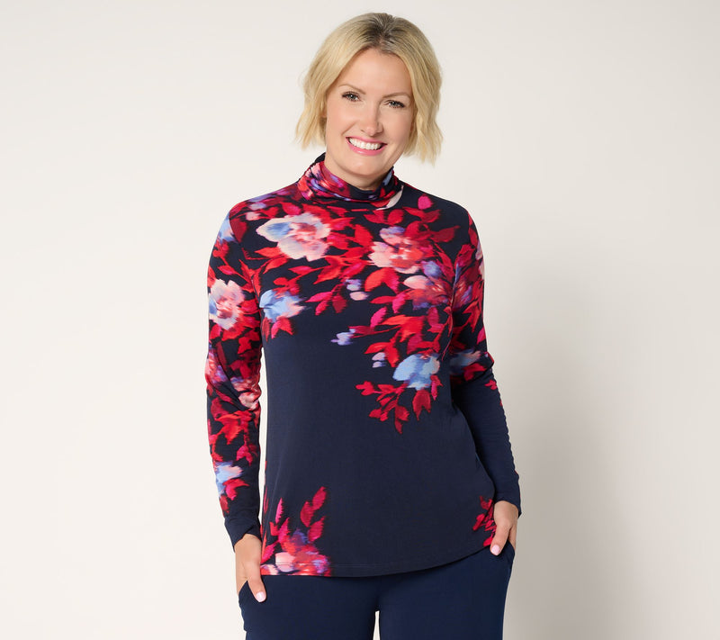 Susan Graver Printed Liquid Knit Mock-Neck Ruched Long Sleeve Top — View 12