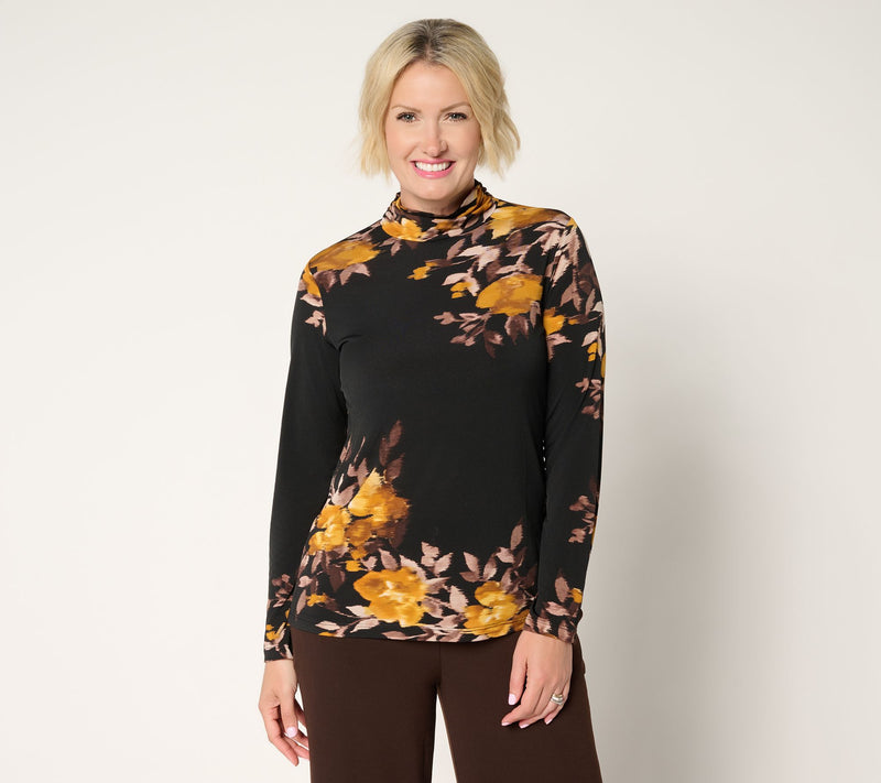 Susan Graver Printed Liquid Knit Mock-Neck Ruched Long Sleeve Top — View 13
