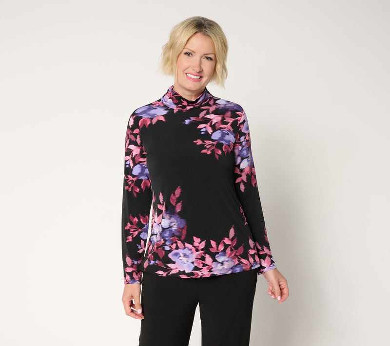 Susan Graver Printed Liquid Knit Mock-Neck Ruched Long Sleeve Top — View 14