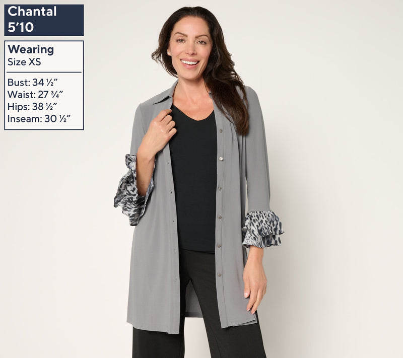 Susan Graver Textured Liquid Knit Petite Long Cardigan w/ Printed Cuff — View 9