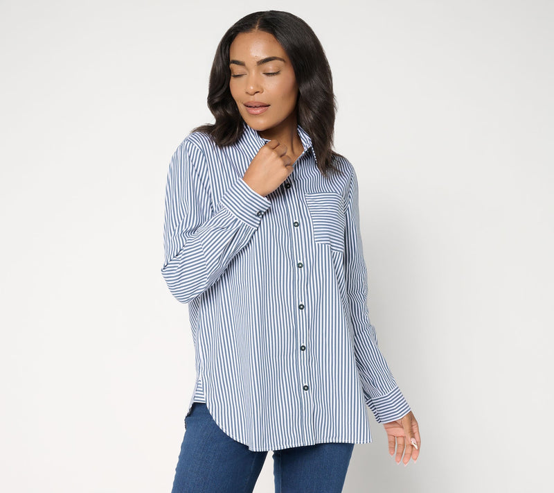 Susan Graver Regular Yarn Dyed Stretch Woven Poplin Shirt — View 7