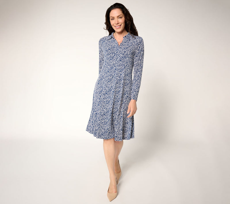 Susan Graver Regular Printed Liquid Knit Collared Midi Dress — View 15