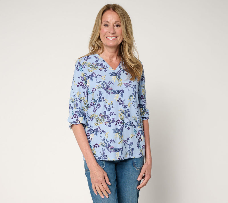 Denim & Co. Printed Heavenly Jersey V-Neck Top — Main view