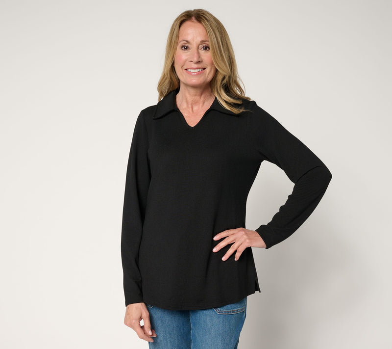Denim & Co. Essentials Heavenly Jersey Long Sleeve Collared Top — View 7