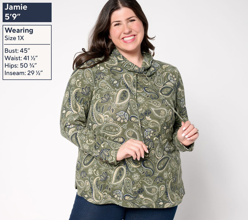 Denim & Co. Heavenly Jersey Funnel Neck Printed Top w/ Cuff Detail — View 2