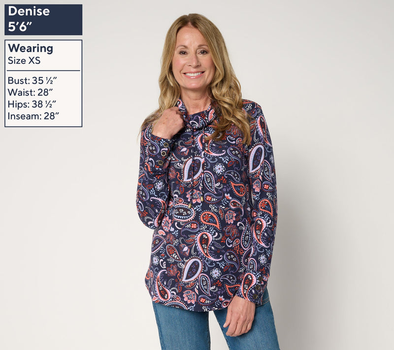 Denim & Co. Heavenly Jersey Funnel Neck Printed Top w/ Cuff Detail — View 3