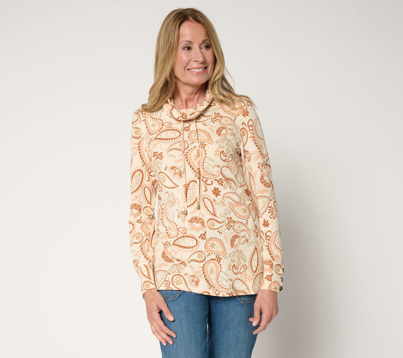 Denim & Co. Heavenly Jersey Funnel Neck Printed Top w/ Cuff Detail — View 11