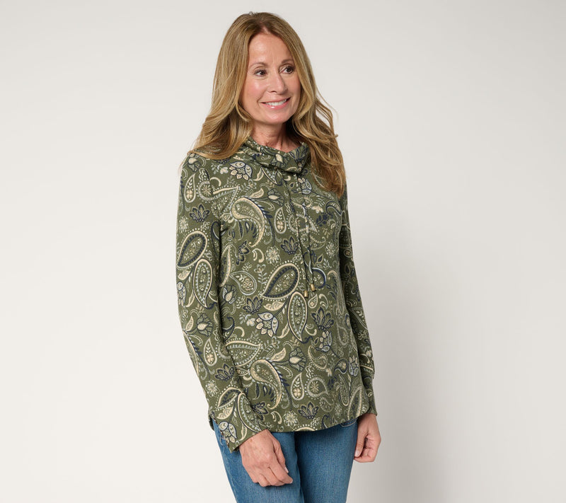 Denim & Co. Heavenly Jersey Funnel Neck Printed Top w/ Cuff Detail — View 12