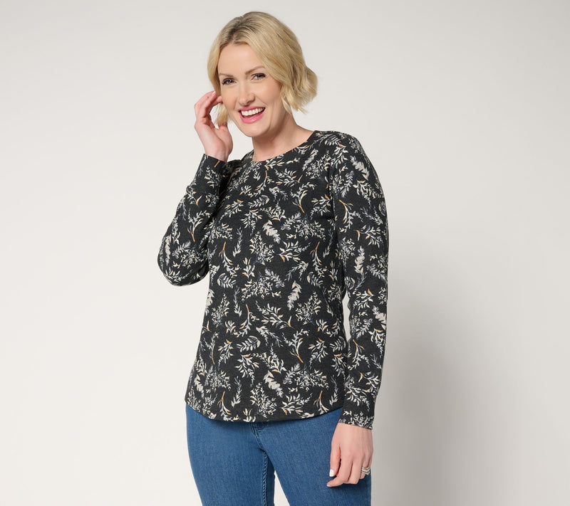 Denim & Co. Printed Floral Waffle Knit Round Neck Top — View 15