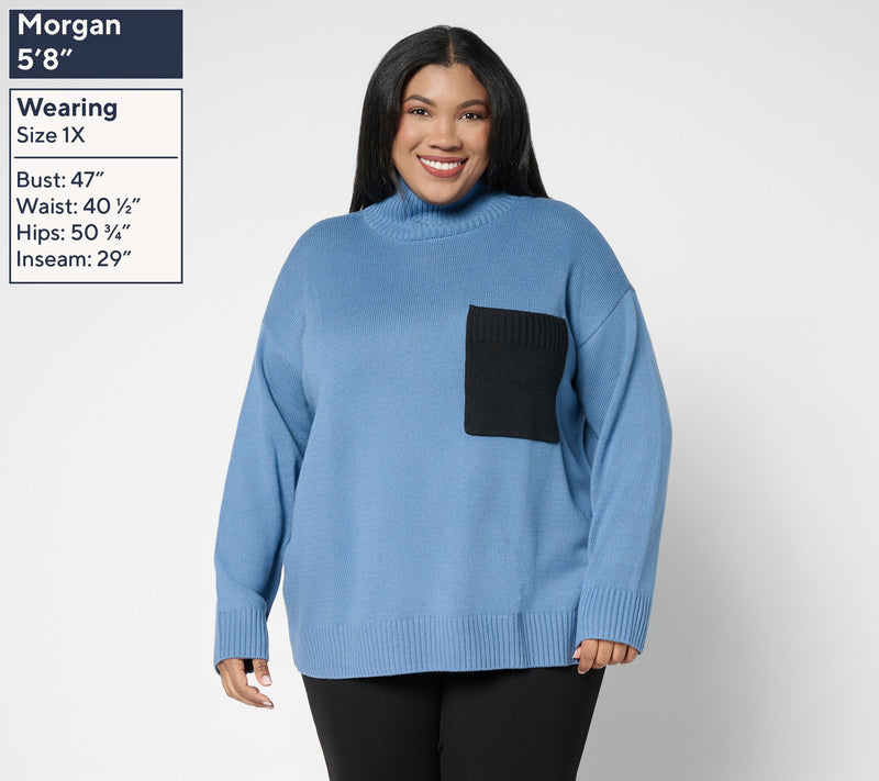 Peace Love World Cotton Turtleneck Color Block Pocket Sweater — View 2