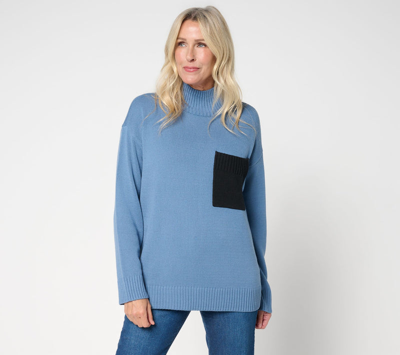 Peace Love World Cotton Turtleneck Color Block Pocket Sweater — View 13