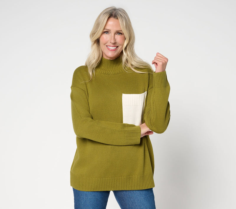 Peace Love World Cotton Turtleneck Color Block Pocket Sweater — View 14