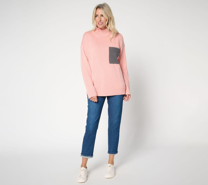 Peace Love World Cotton Turtleneck Color Block Pocket Sweater — View 5
