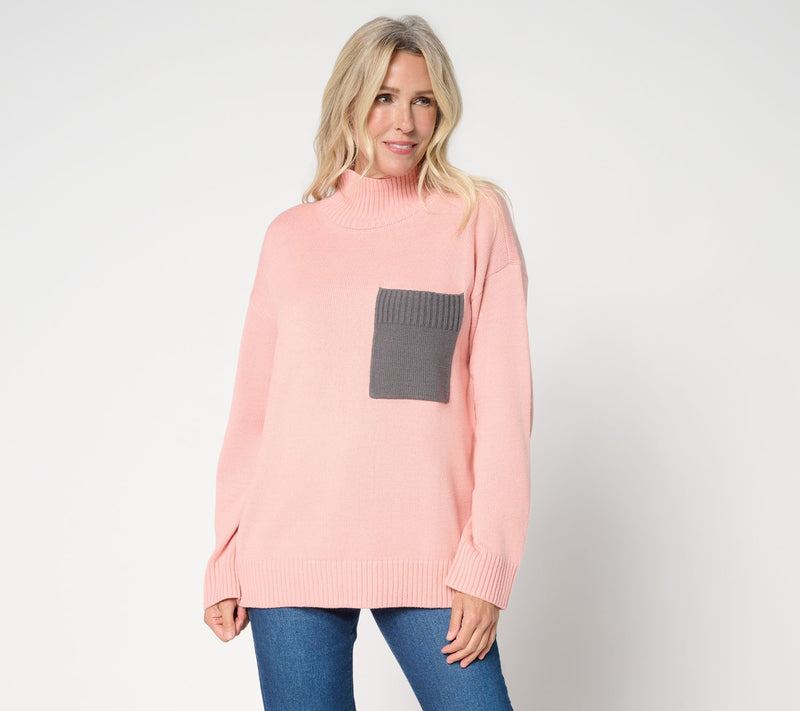 Peace Love World Cotton Turtleneck Color Block Pocket Sweater — Main view