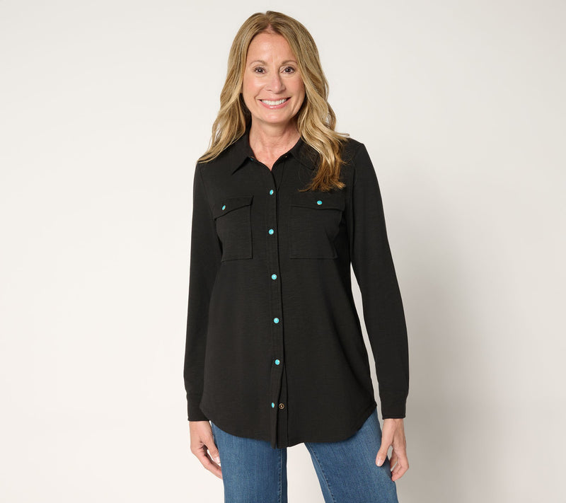 Belle Boho by Kim Gravel Slub Knit Cabochon Snap Front Shirt — View 10