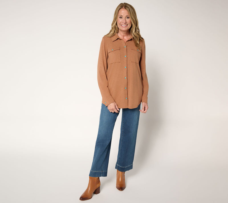 Belle Boho by Kim Gravel Slub Knit Cabochon Snap Front Shirt — View 5