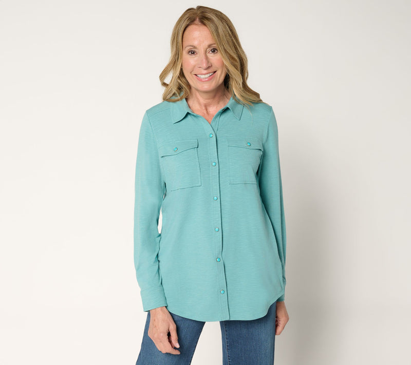 Belle Boho by Kim Gravel Slub Knit Cabochon Snap Front Shirt — View 12
