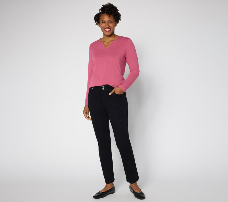 Denim & Co. Regular Black Classic Stretch Double Button Jeans — View 6