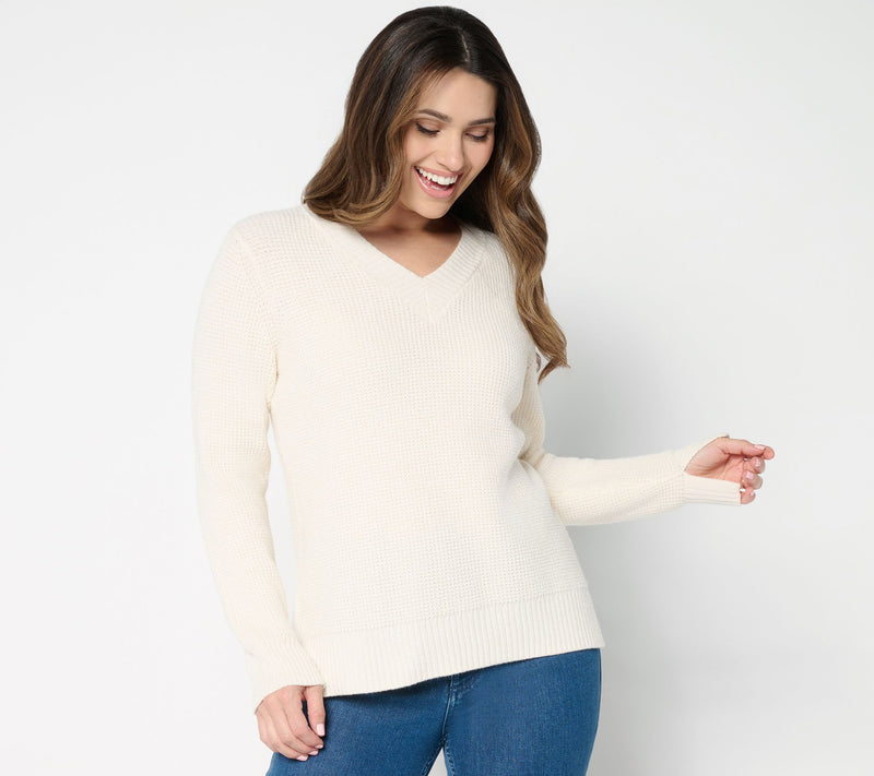 Denim & Co. Waffle Stitch V- Neck Long Sleeve Sweater — View 10