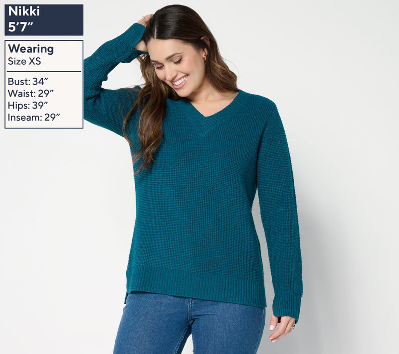 Denim & Co. Waffle Stitch V- Neck Long Sleeve Sweater — View 3
