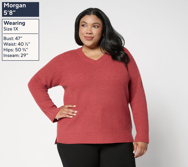 Denim & Co. Waffle Stitch V- Neck Long Sleeve Sweater — View 2