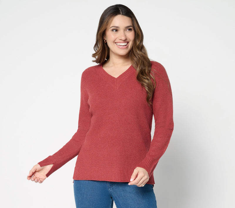 Denim & Co. Waffle Stitch V- Neck Long Sleeve Sweater — View 12